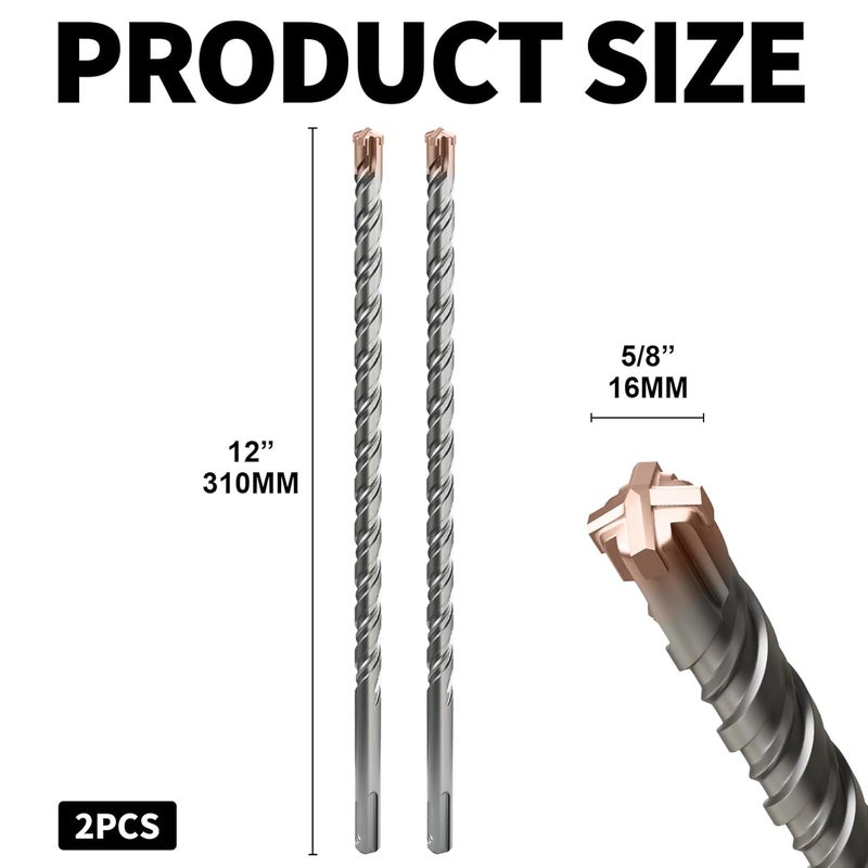 FROOOK 2PCS SDS Plus Rotary Hammer Drill Bits, 5/8"×12"（16mm×310mm） - 4 Carbide Cutting Edges & Coated Head, Ideal for Masonry| Heavy-Duty Masonry |Hammer Drill Bits for Precision Drilling - Image 2